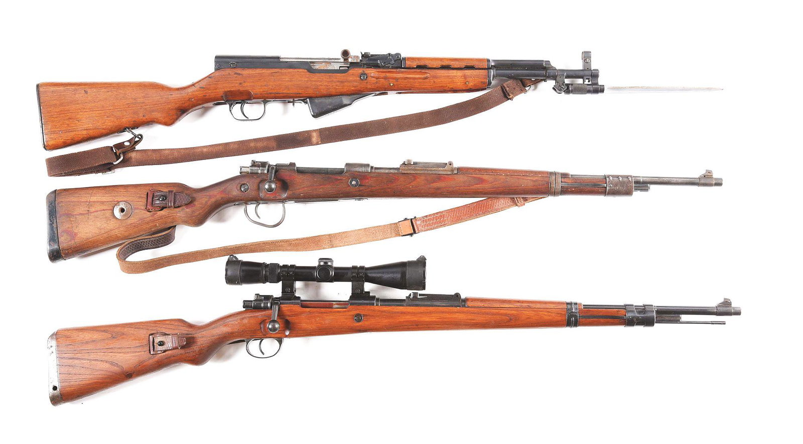 (C) LOT OF THREE: CHINESE TYPE 56 PARATROOPER & TWO K98: Lot consists of a Chinese Type 56 Paratrooper and two K98 rifles. (A) Type 56 Paratrooper manufactured by Arsenal 26 in China. CJA import stamp on left side of receiver. 16" barrel with shortened spik