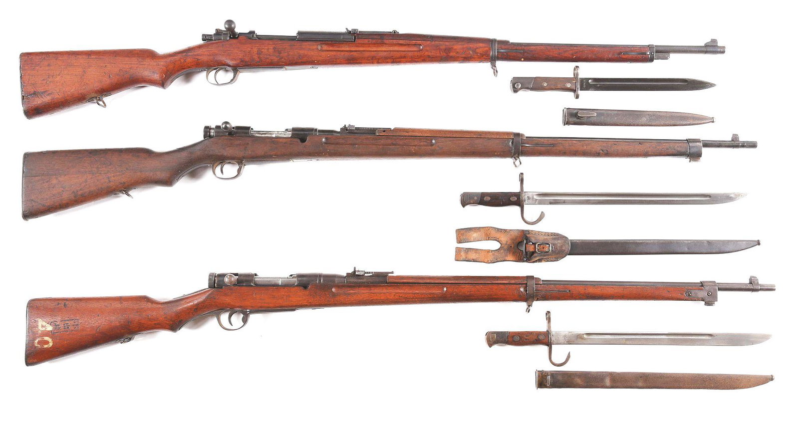 (C) LOT OF THREE: SIAMESE TYPE 46/66, JAPANESE TYPE 38,: Lot consists of three Siamese and Japanese bolt action rifles. (A) Siamese Type 46/66. Thai Chakram symbol is present on receiver above Thai script. Rear sight ladder shows conversion to spitzer ammun