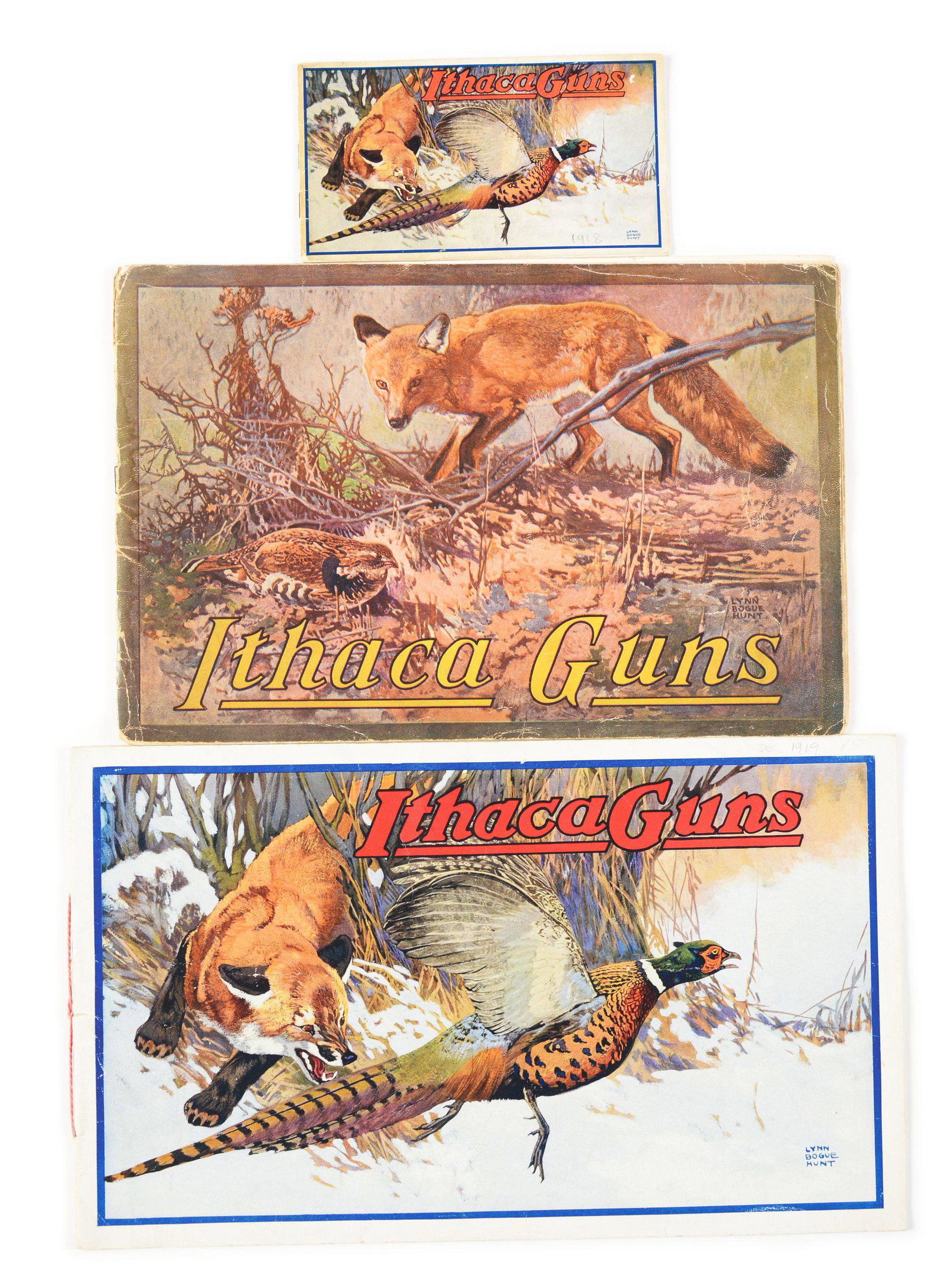LOT OF THREE ITHACA GUN COMPANY CATALOGS.: Lot consists of (A) 1918 Flues Model pocket catalog. Fox chasing leaping pheasant on cover. Measures 3 - 1/2" x 6 - 1/2". Order blank on back. CONDITION: Excellent with minor foxing. (B) 1910 Flues Mo
