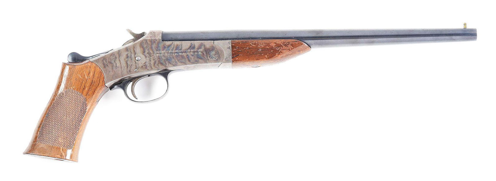 (N) HARRINGTON & RICHARDSON .410 SMOOTHBORE HANDY GUN: Beginning production in 1921, a total of 54,000 Handy Guns were produced before the National Firearms Act in 1934. Due to their numerous (albeit small) variations, these were found to be popular firea