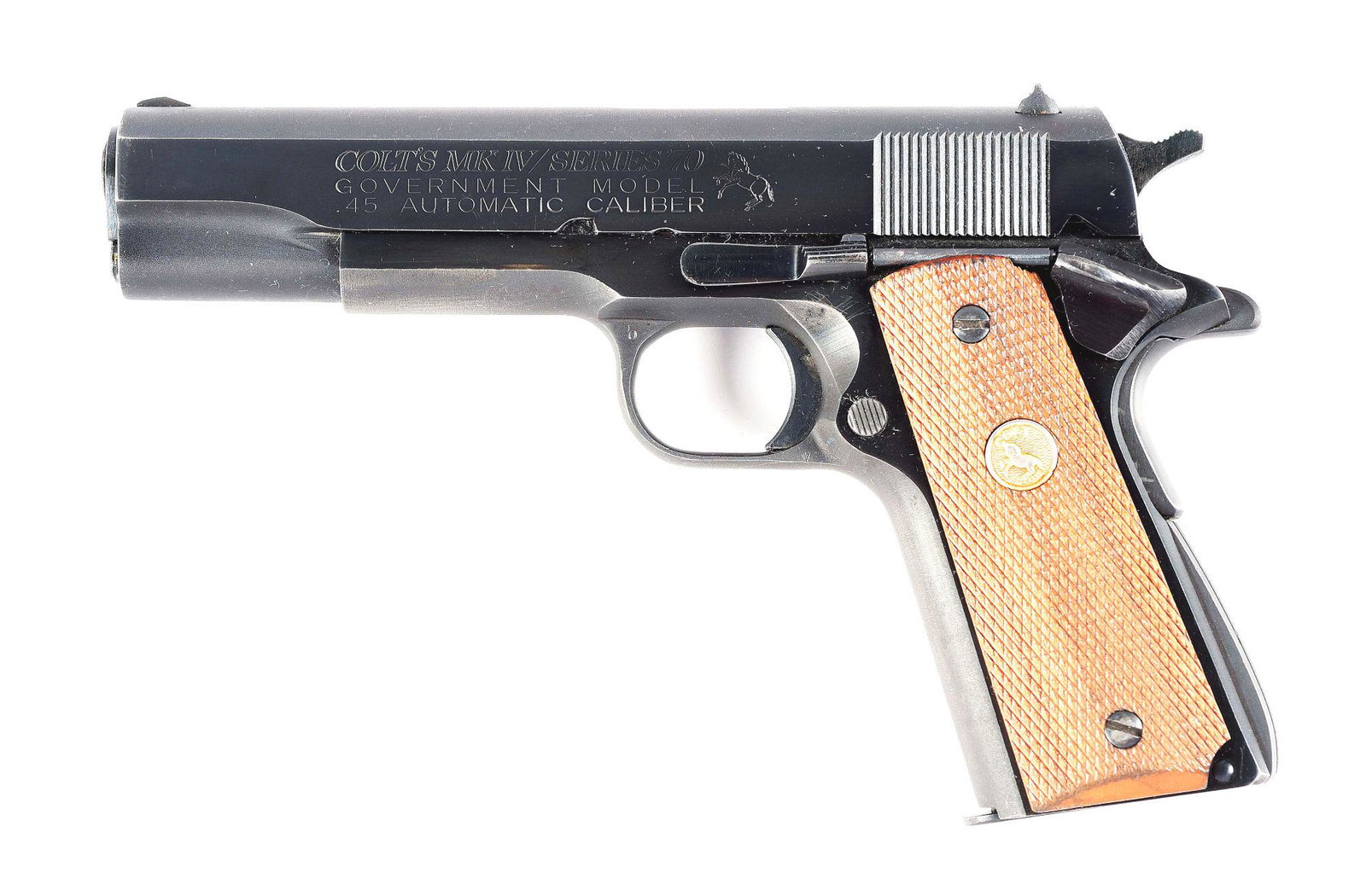 (M) COLT MK IV SERIES 70 1911 SEMI AUTOMATIC PISTOL: Manufactured 1980. Serrated slope front sight, square notch rear sight. Right side slide with "COLT'S GOVERNMENT MODEL", left with "COLT'S MK IV/SERIES 70 / GOVERNMENT MODEL / .45 AUTOMATIC CALIBER" w