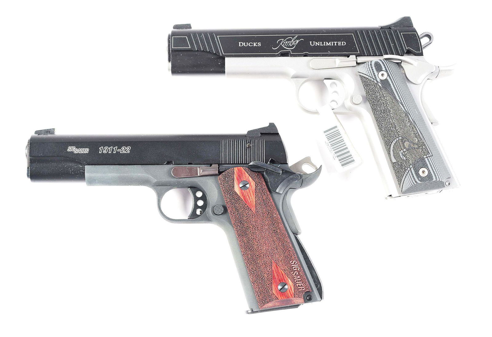 (M) LOT OF TWO KIMBER DUCKS UNLIMITED AND SIG SAUER: Kimber Custom Carry II produced for Ducks Unlimited. 5 inch stainless barrel chambered for .45 acp with blue steel slide engraved "DUCKS UNLIMIED " with the Kimber name in center. Stainless steel fram