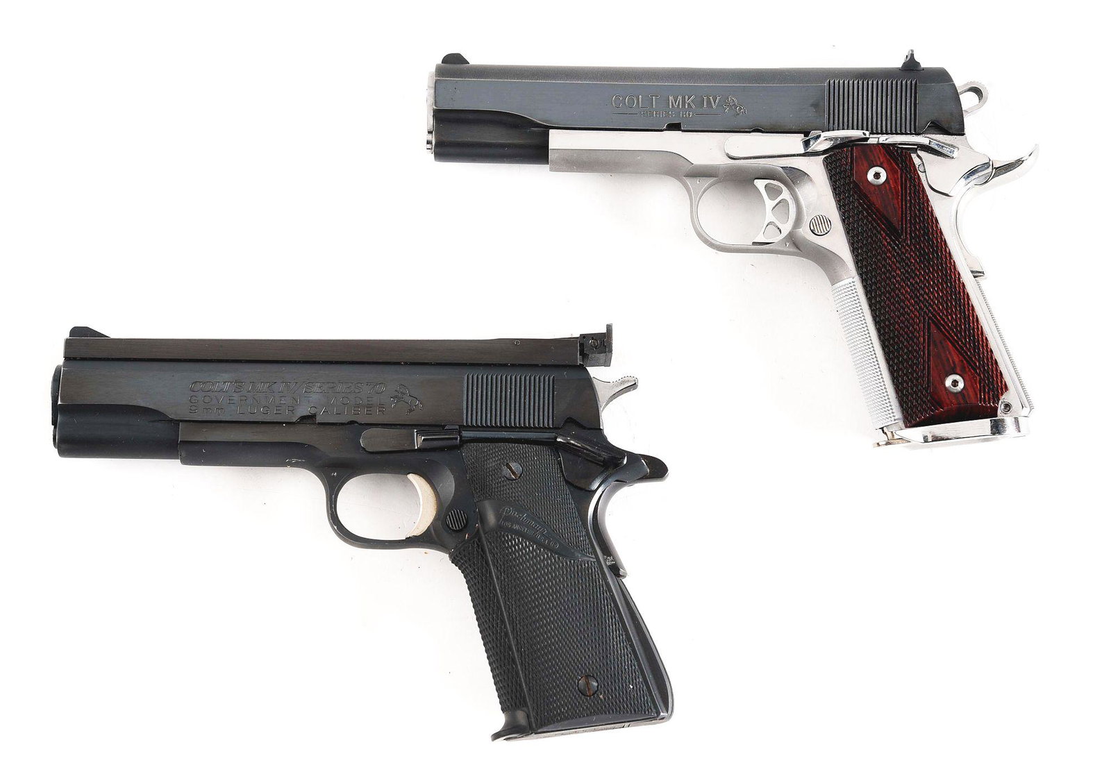 (M) LOT OF TWO: COLT COMBAT ELITE AND GOVERNMENT SEMI: Lot consists of (A) Colt MK IV Series 80 Combat Elite with GI style three dot combat sights, full length guide rod, lightened commander style hammer, ambidextrous safeties, extended tabbed slide relea