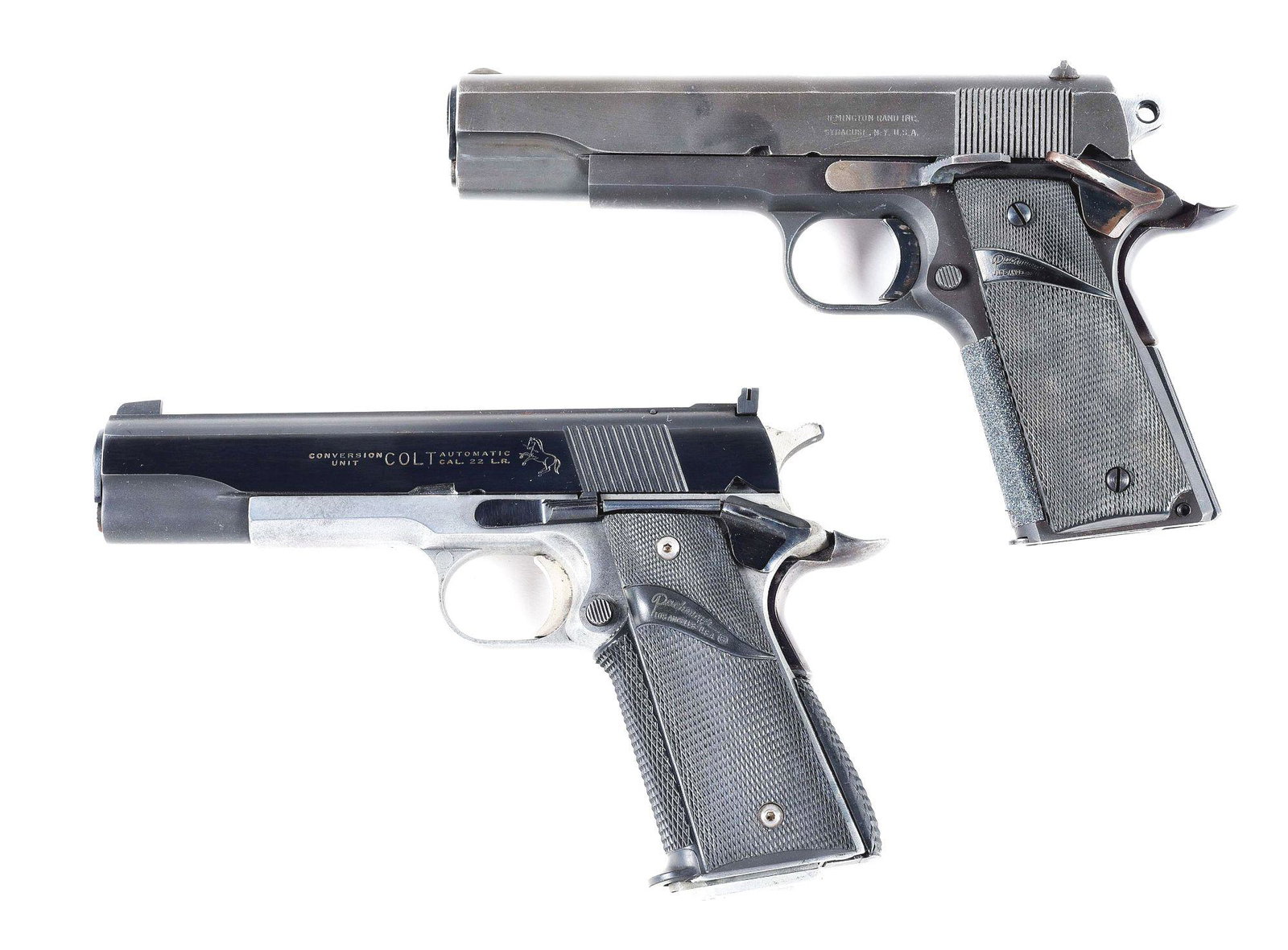 (M) LOT OF TWO: ESSEX ARMS 1911A1 AND RMT ALUMINUM: Lot consists of (A) Remington Rand slide with square notch beveled rear sight, serrated slope front sight, two line Remington Rand address on left side of slide. Barrel with ".45 AUTO / 7791193 / 84" 