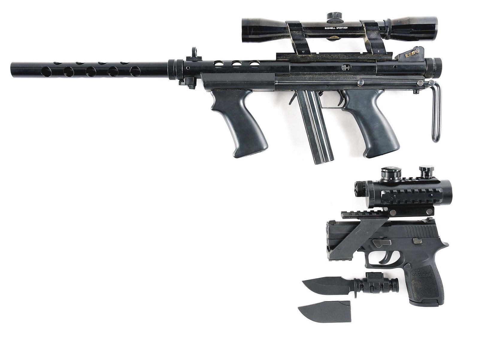 (M) LOT OF TWO SEMI AUTOMATIC FIREARMS: FEAHTER: Lot consists of: (A) Feather Industries AT-22 semi automatic rifle with extra magazines, scope and case. Standard round steel barrel with heat shield. Fixed front post and windage adjustable rear sigh