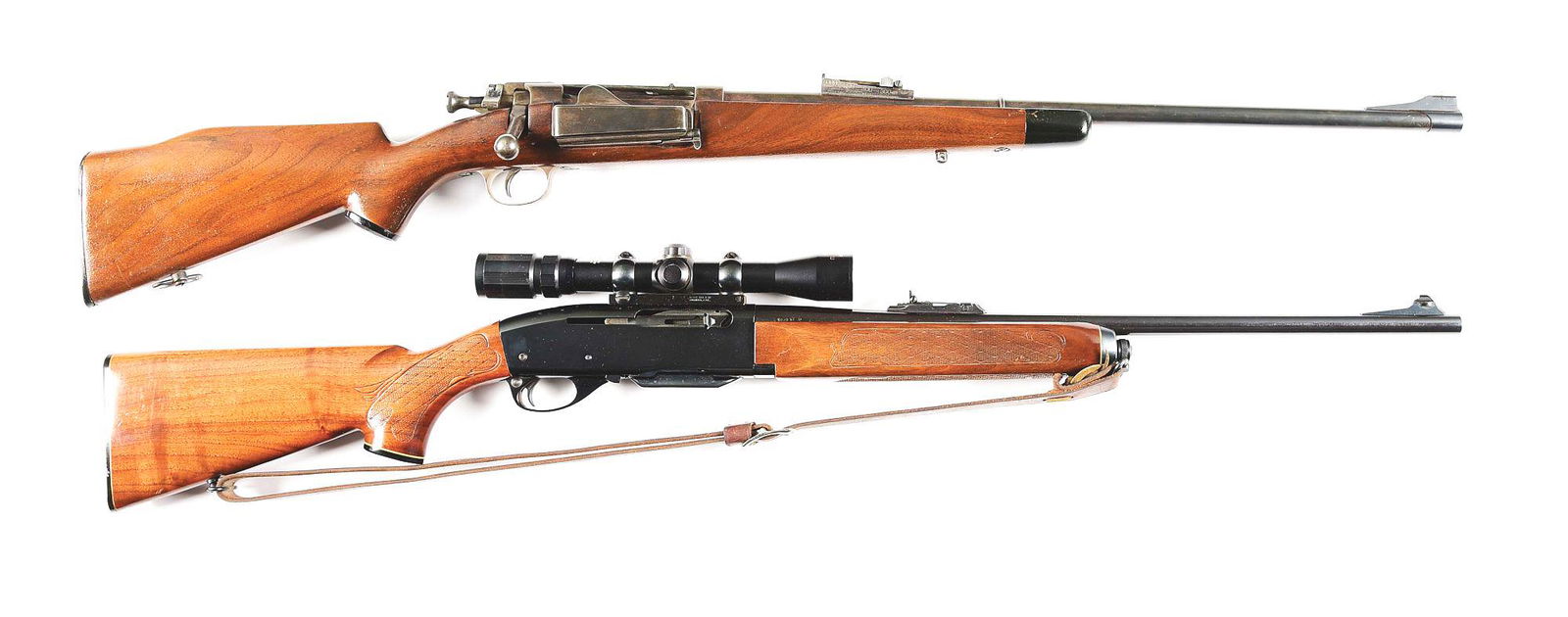 (M)HUNTERS LOT OF 2: (A) SPRINGFIELD MODEL 1898 BOLT: (A) Sporterized Springfield 189 Krag rifle. CAl, 30-40 with older Bishop sporter stocks with ebony tip and pistol grip but. Receiver appears to be drilled for Weaver side mount scope mount. Barrel cut