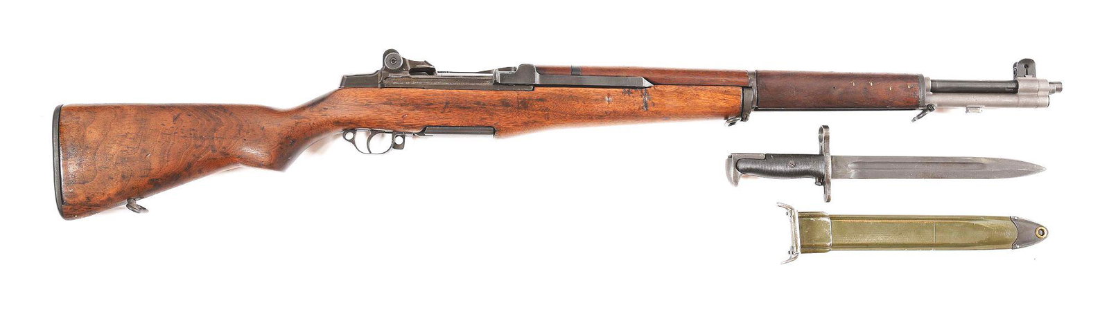 (C) SPRINGFIELD M1 GARAND .30-06 SEMI AUTOMATIC RIFLE: Made in May of 1943 at Springfield Arsenal. SA marked barrel dated 8-52. Mixed internal parts with unmarked walnut stock. Comes with "U.F.H." marked bayonet dated 1943 and in original scabbard. CONDIT