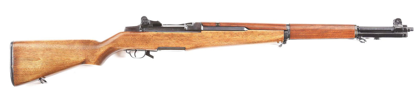 (C) WINCHESTER M1 GARAND .30-06 SEMI AUTOMATIC RIFLE: Winchester M-1 Garand semi-automatic rifle made in 1943. Barrel marked "SA" and dated 5-46. "SA" marked op rod and trigger group with winter safety extension. "SA" marked bolt. Aftermarket hardwood st