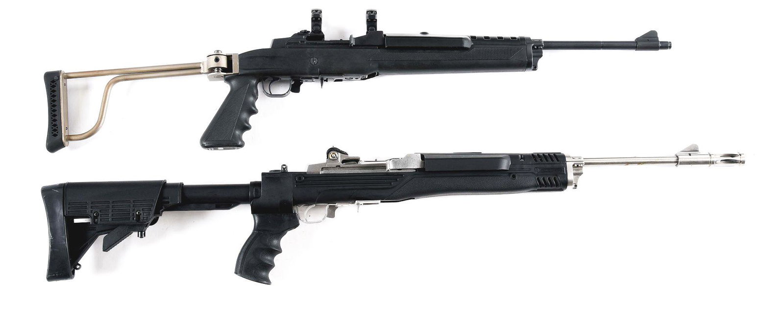 (M) LOT OF TWO RUGER MINI-14 .223 SEMI AUTOMATIC RIFLES: Lot consists of: (A) Ruger Mini-14 "Ranch Rifle" semi-automatic rifle with scope rings. Made in 2000 and roll marked "RUGER/RANCH RIFLE/CAL.223" on the heal of the receiver. Standard round barrel with