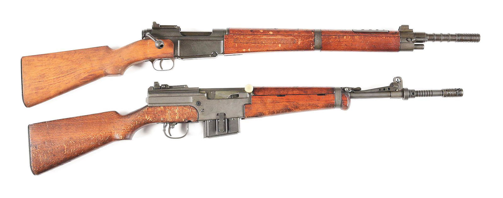 (C) LOT OF TWO: FRENCH MLE 36/51 & 49/56 BOLT ACTION &: Lot consists of a MAS 36/51 and 49/56 rifles. (A) MLE 36/51 manufactured by St. Etienne. Left side of the receiver reads "MAS MLE 1936-51" and bears the import stamp "7.5 FRANCE C.A.I. ST. ALB. VT." M