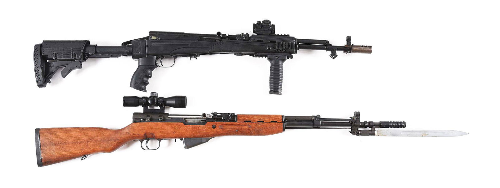 (C+M) LOT OF TWO: YUGOSLAVIAN M59/66A1 & CHINESE TYPE: Lot consists of a Yugoslavian and Chinese SKS rifles. (A) Type 56 manufactured by Arsenal 26 in China. Receiver is "CJA" import stamped on the left side. Matching numbers include the receiver, receive