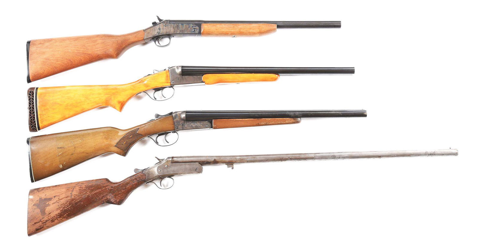 (M) LOT OF FOUR: TWO SINGLE SHOT AND TWO SIDE BY SIDE: Lot consists of: A) New England Firearms single barrel house shotgun. Blued steel barrel with case hardened action. Walnut wood stock with plastic buttplate. B) Stevens 311 side by side house gun with