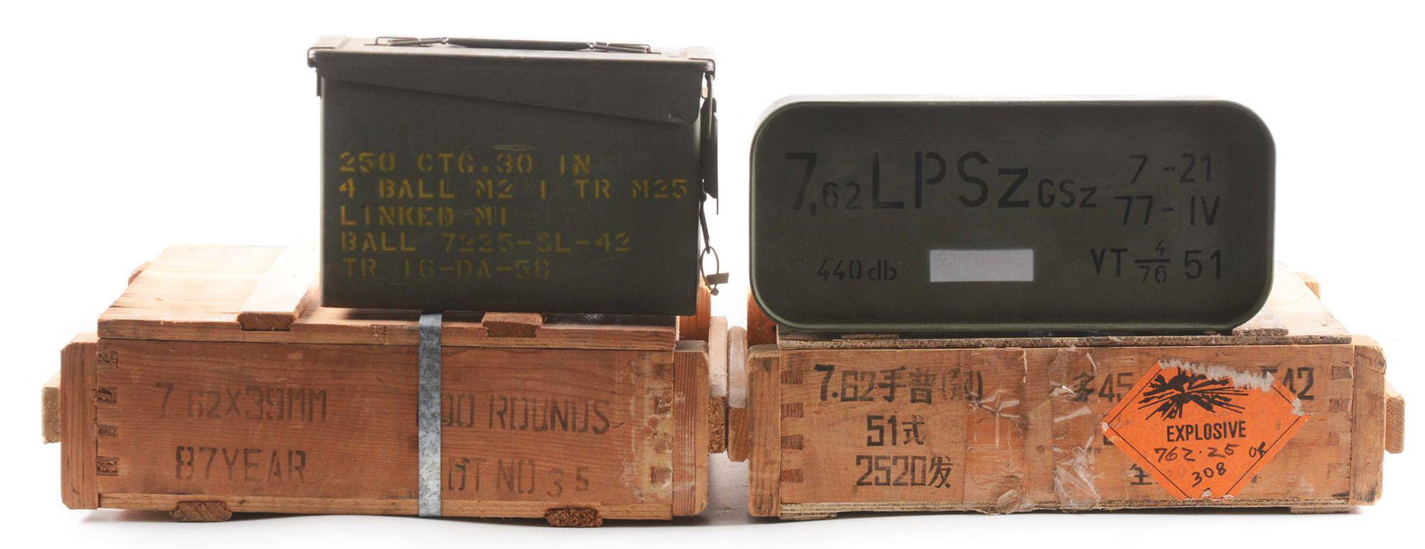 LOT OF FOUR: ONE CRATE OF 7.62X39MM, ONE CRATE: Lot consist of: One can containing 1260 rounds of 7.62X25mm and one can containing 550 rounds of 7.62X39mm in crate. Also included is an 1100 round crate of 7.62X39mm. Lot also contains over 700 round