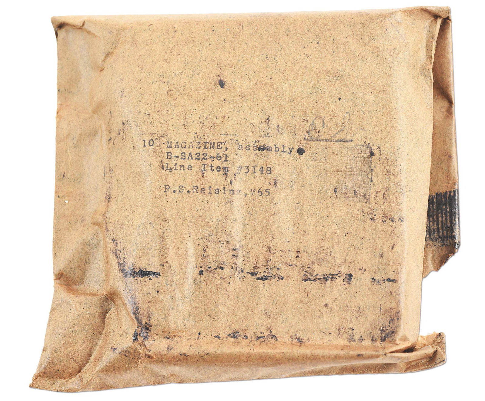 LOT OF TEN: TEN H&R MODEL 65 MAGAZINES STILL SEALED IN: Thick paper envelope marked "10 MAGAZINE, assembly / B-SA22-61 / Line Item #3148 / P.S. Reising, M65". There is pencil initialing reading "EG" to the top right of the stamp, potentially acknowledging 