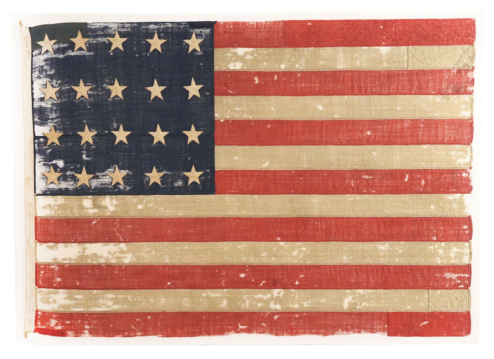 20 STAR AMERICAN FLAG.: Cotton and linen, circa 1817 to 1818; hand sewn and hand-appliqued stars. Flags bearing 20 stars and 13 stripes were made the official flag of United States when President James Monroe signed the Flag