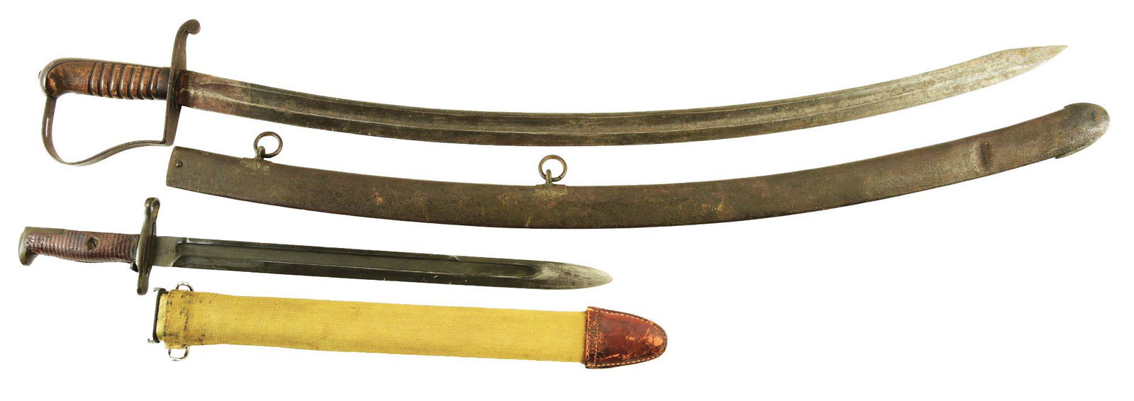 LOT OF 2: 1818 CALVARY SABER AND 1903 BAYONET.: (A) US Model 1818 Starr Contract Cavalry Saber, marked on the ricasso "US / P / JN / STARR", bare wood grips with iron ferrule. Scabbard is iron and displays areas of original Japanned black paint. CO