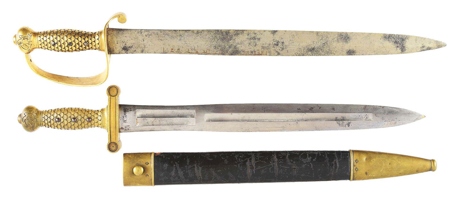 LOT OF 2: AMES USN 1841 CUTLASS AND ARMY 1832 SHORT: Lot consists of 2 US military swords. (A) US Navy 1841 pattern cutlass. Regulation US Navy pattern until 1861. Influenced in design by the Army 1832 short sword, an example of which is included in thi