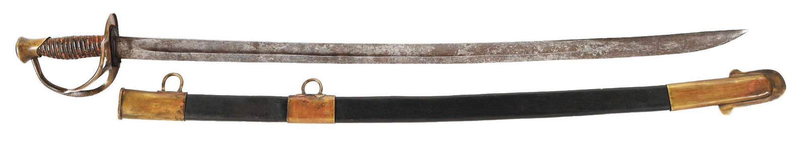 CONFEDERATE ENLISTED CAVALRY SABER MADE BY DOUGLAS OF: The 34-1/2", near straight blade would have fit into either a metal or wooden scabbard. Both types were utilized by this rare maker. This sword has beautiful untouched patina to the brass hilt and pom