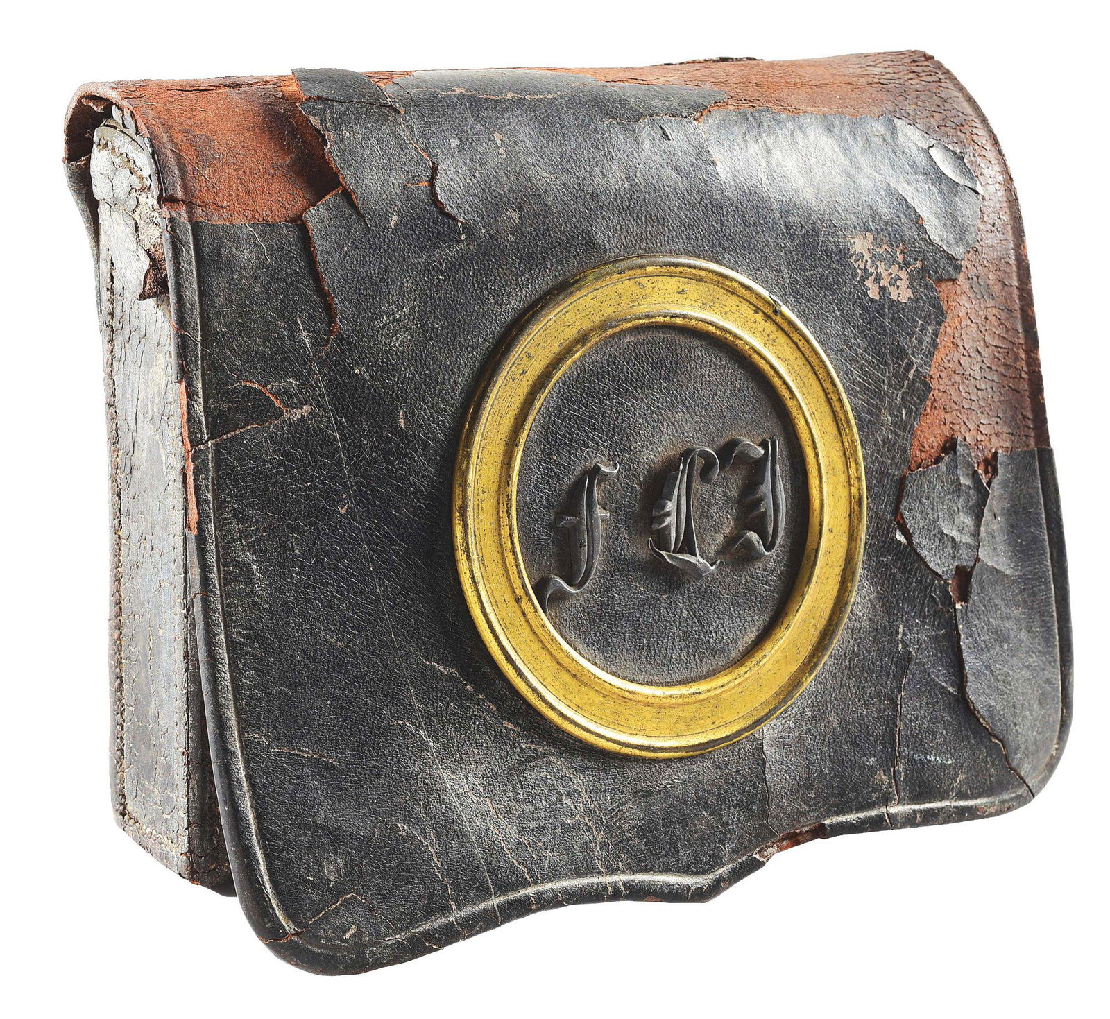 RIFLE CARTRIDGE BOX WITH SHARPSBURG INK LABEL.: Rifle-size cartridge box with single-piece 5-compartment magazine tin. Inner flap has an ink handwritten label reading, "Southern Pouch / Sharpsburg MD / Sept. 1862," referring to the Battle of Antiet