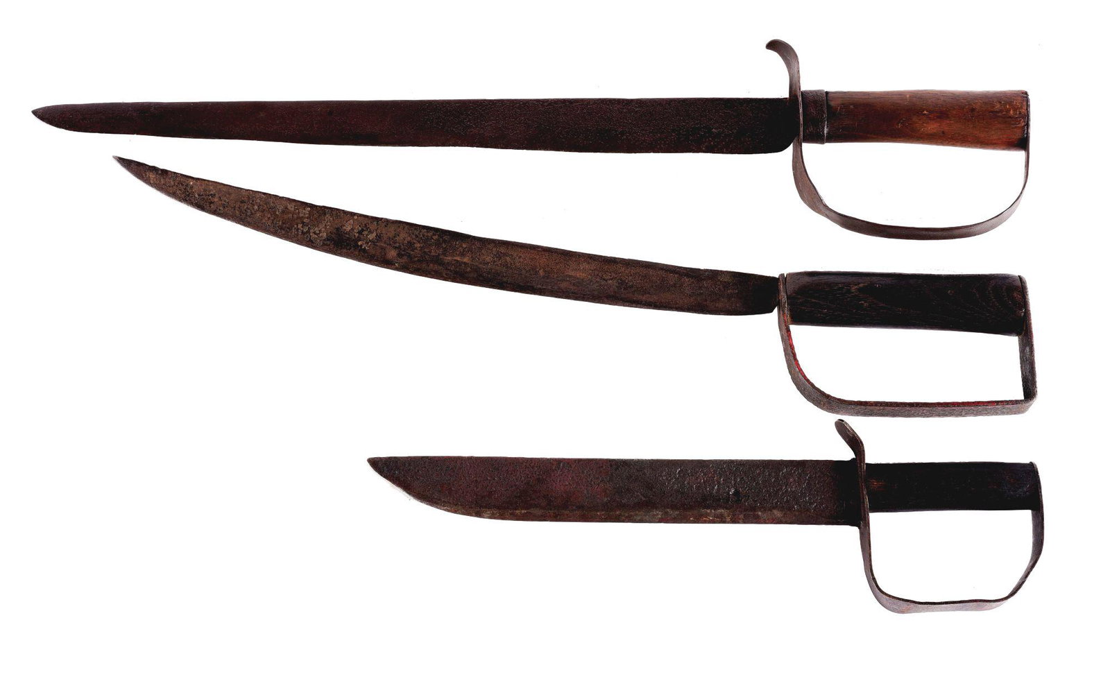 LOT OF 3: CONFEDERATE D-GUARD BOWIE KNIVES.: (A) D-Guard bowie knife measuring 24-1/4" overall with an 18-5/8" blade, one-piece sheet iron "D" guard with iron collar and 1-piece wood grip. CONDITION: The dark blade exhibits areas of pitting most