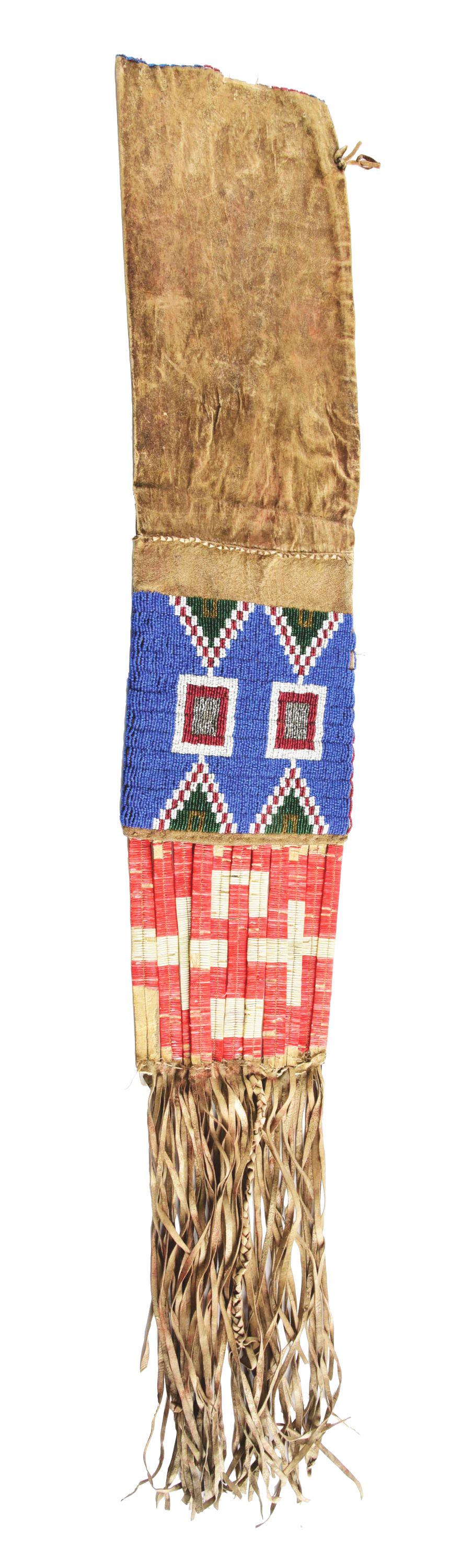 BEADED AND QUILLED SOUIX PIPE BAG.: Overall length is 44 - 1/2" and 7" wide. Circa last part of the 19th century. Bag is constructed of a thin, soft, hide and parfleche. Bag is beaded and quilled, note horse tracks on the main beaded pa