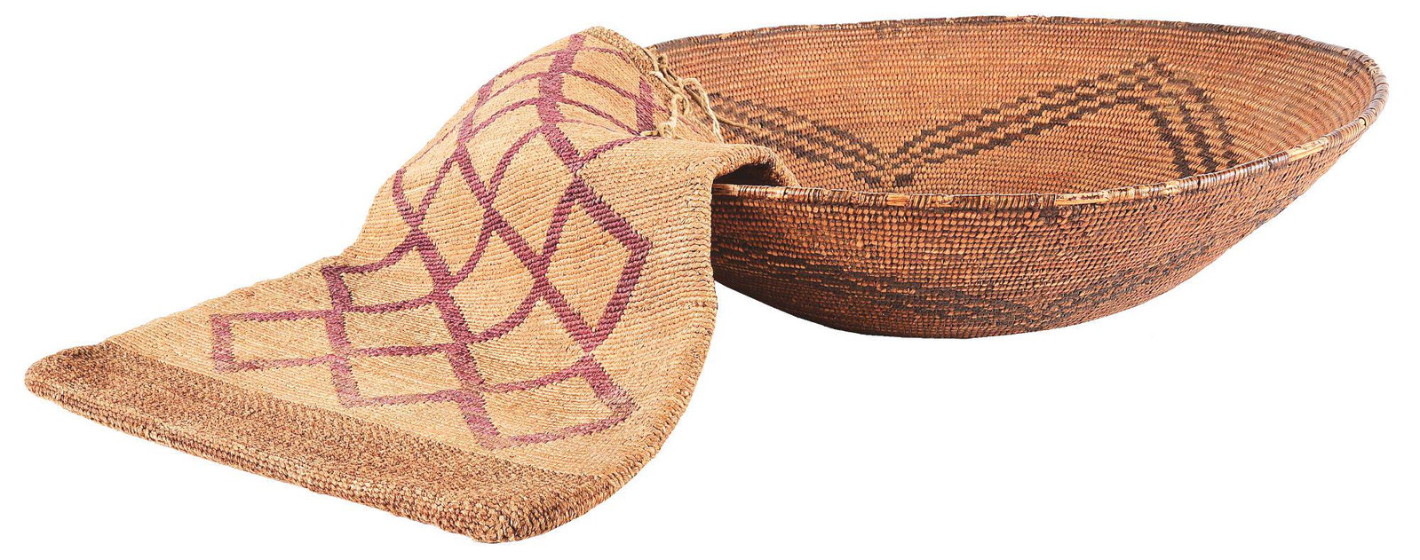 LOT OF 2: LARGE CORN HUSK BAG AND LARGE APPACHE BASKET: (A) 13-1/4" tall and 18" wide. Circa turn of the century. Corn husk bag with serrated red and blue tepee designs. The reverse has serrated diamond design. Fading to both sides. CONDITION: Fair. (B) 18