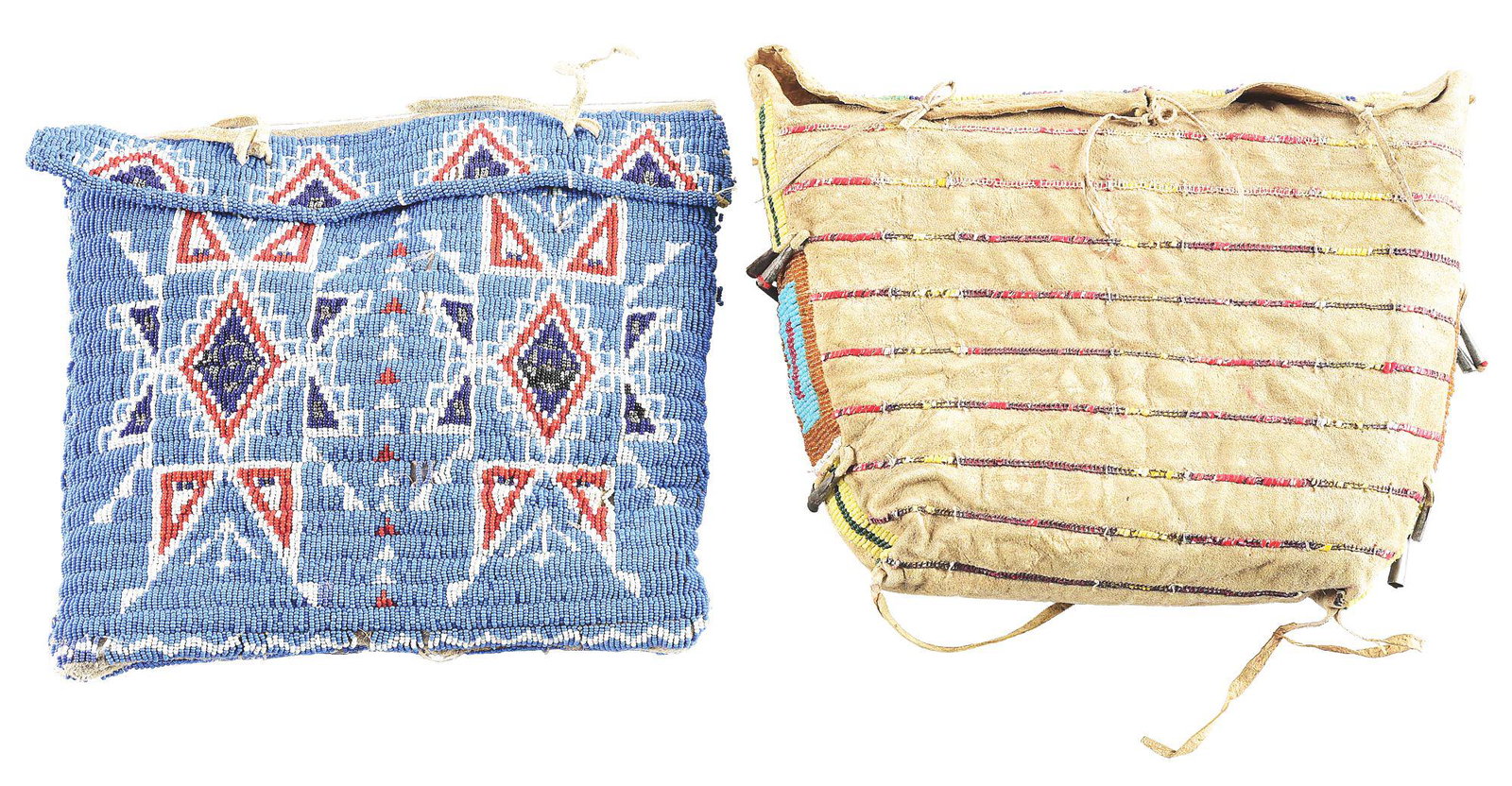LOT OF 2: SOUIX TEPEE BAGS.: (A) 12-1/2" wide, 9" tall, and 2-3/8" thick. Circa last quarter of the 19th century. Beaded and quilled tepee bag on brain tanned hide. Bead work on top and sides is sinew sewn with minimal loss. Quil