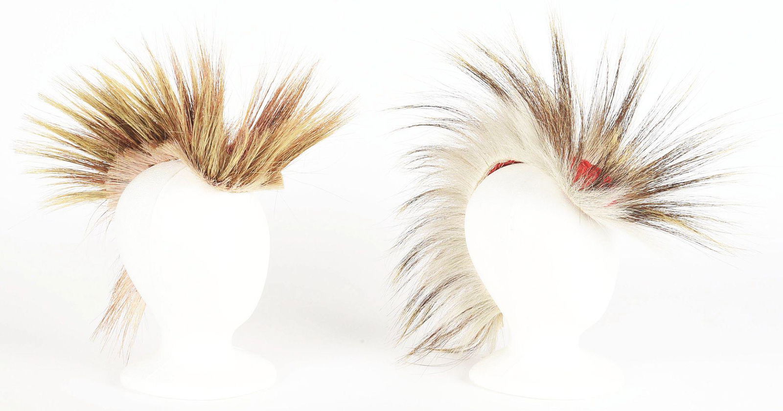 LOT OF 2: NATIVE AMERICAN ROACHES.: (A) Deer and moose hair roach with natural and maroon dyed hair. Back of roach showing some damage and missing hair. CONDITION: Very good. (B) Deer, moose hair, and red wool. CONDITION: Very good. Con