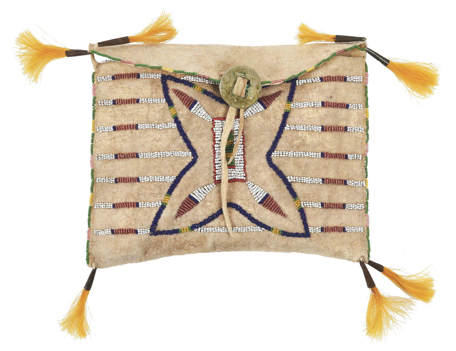 BEADED TEPEE BAG WITH HORSEHAIR.: Circa turn of the century. 8-1/2" x 6-3/4". Miniature sinew sewn Sioux tepee bag. Sinew sewn bead work on Native tanned hide. Copper tassels on each corner. CONDITION: Very good. Condition: Dimensions