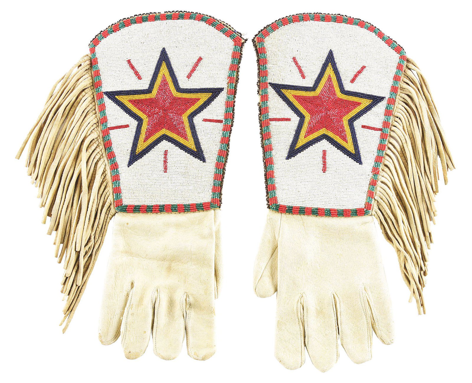 FANTASTIC BEADED TEXAS STAR GAUNTLETS.: 16-3/4" long and 7-1/2" wide not including fringe. Fringe is 6"+. Circa first half of the 20th century. Top side has fantastic star design with a patriotic shield design on the back. Gauntlets are ver