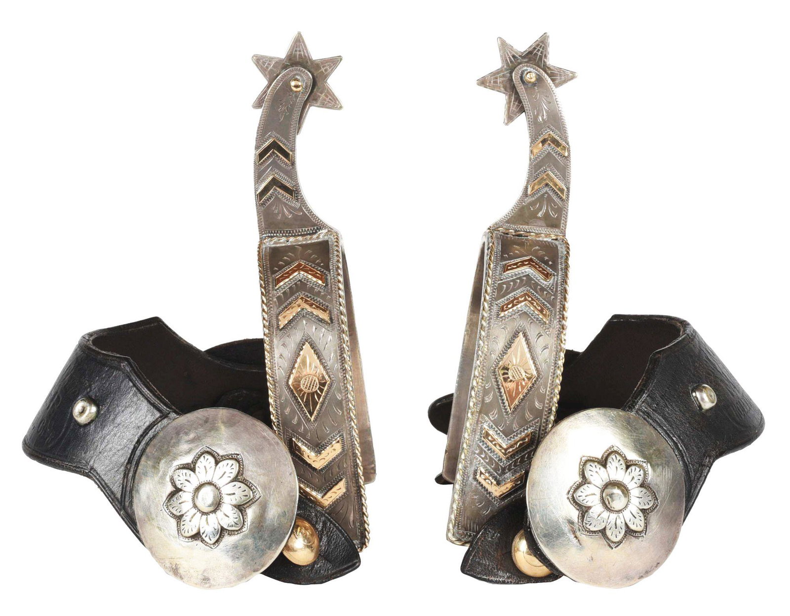 STERLING & GOLD SPURS.: Sterling marked and 14K marked on the inside. Silver with gold inlay spurs with diamond and sun motif and two chevrons per side and gold rope border. Two more chevrons on the shank. 1-1/2" six star ro
