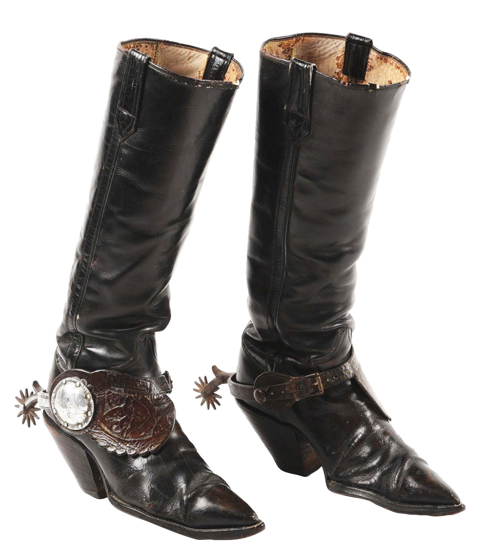 EARLY MENS COWBOY BOOTS WITH SPURS.: 1880's knee length cowboy boots. California style silver inlayed spurs with maker mark A. L. Furstnow with silver conchos with geometric design. Boots have stacked leather heels. All stitching is tigh