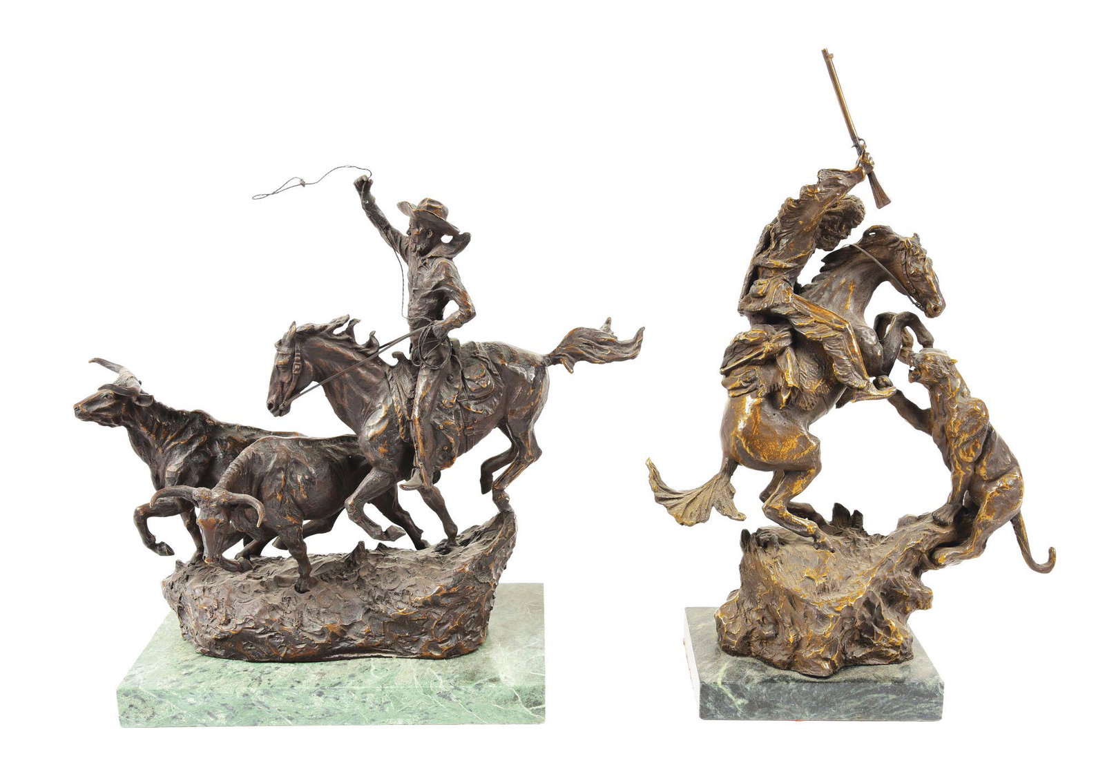 LOT OF 2: C.M.RUSSELL BRONZE STATUES "THE ROUND UP" AND: (A). "The Round Up" by C.M. Marion. American, c. 20th century. 11-3/4" x 6-3/4" x 14-1/2". Bronze is marked "CM Russell" along with his signature steer head. CONDITION: Excellent. (B) "Mountain Man" b