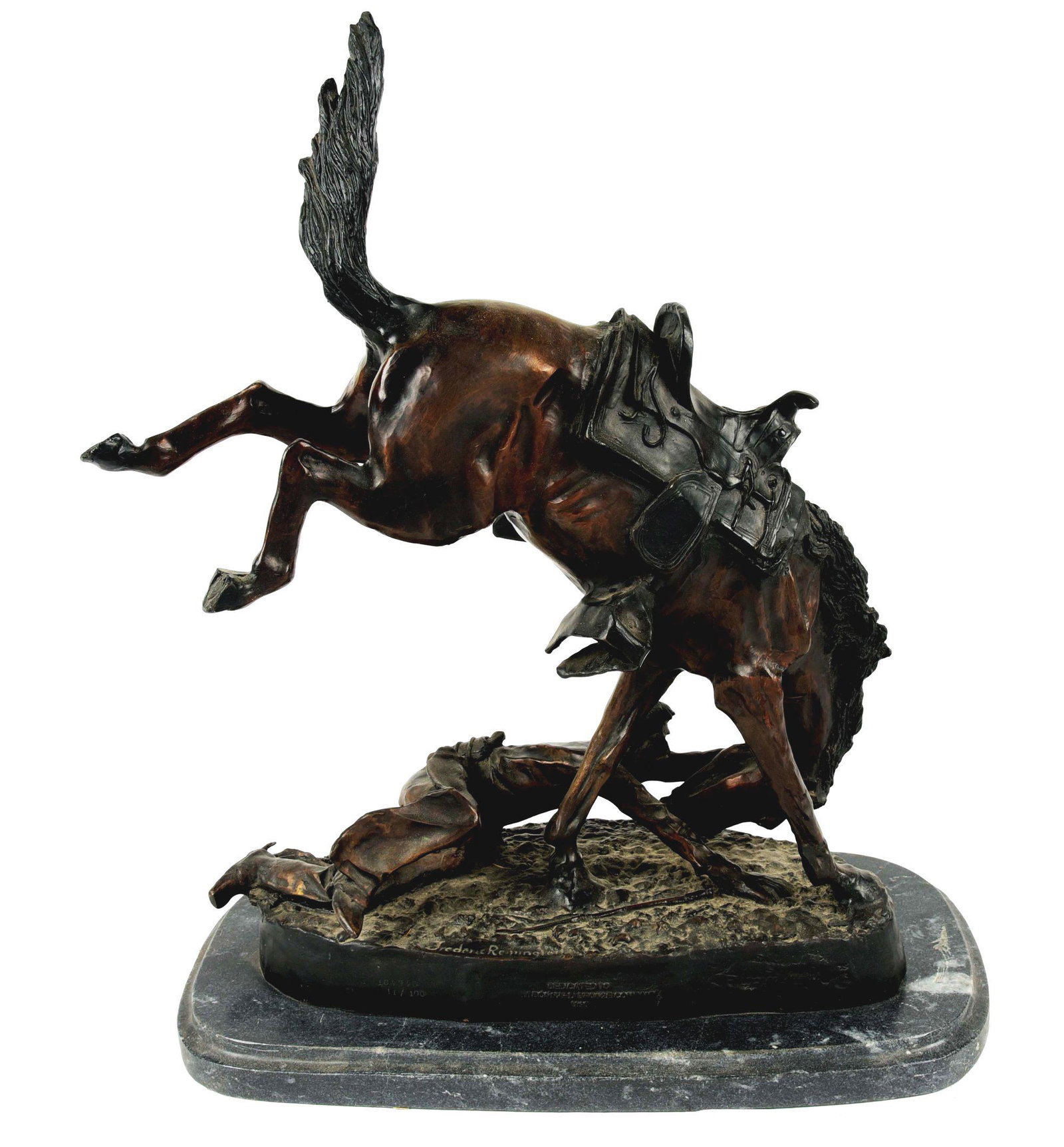 WICKED PONY BRONZE AFTER FREDERIC REMINGTON.: Wicked Pony bronze after Frederic Remington. 20" x 9" x 25". Base is stamped "Frederic Remington". On the side of the base is marked "Dedicated to NY Bonnard Bronze Company 1898". #11/110 and 104490. 
