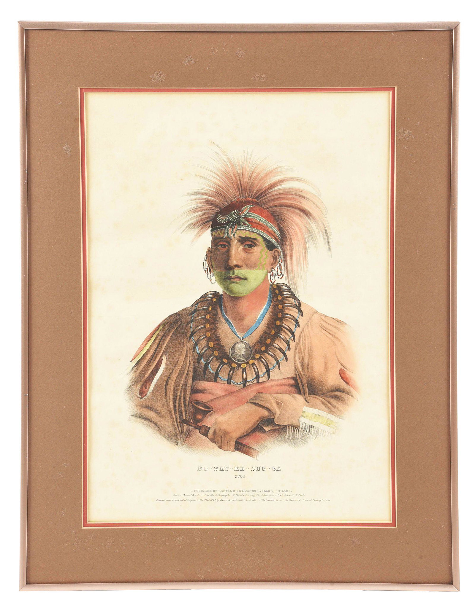 MCKENNEY & HALL LITHOGRAPH "NO-WAY-KE-SUG-GA".: McKenney & Hall original hand colored lithograph of "NO-WAY-KE-SUG-GA OTOE" Daniel Rice & James Clark Philadelphia 1842. Site 12" x 17". Overall 17-1/4' x 22-1/4". This Otoe tribe member is portrayed 
