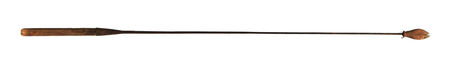 A HAND LANCE OR KILLING IRON, USED FOR WHALING, C. 19TH: Of wrought iron with a leaf blade with an approximately 69" shaft that flared to accept an octagonal faceted wooden pole. Wooden covering made of 2 pieces and tied at the base. These were used once a