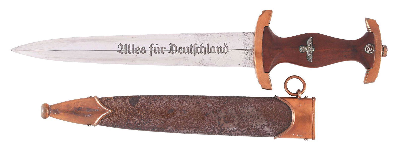 THIRD REICH SA MARINE DAGGER: The blade of this Third Reich SA Marine Dagger exhibits factory cross graining along the length of the blade, areas of freckling, and light runner marks. The upper and lower cross guards are made of n