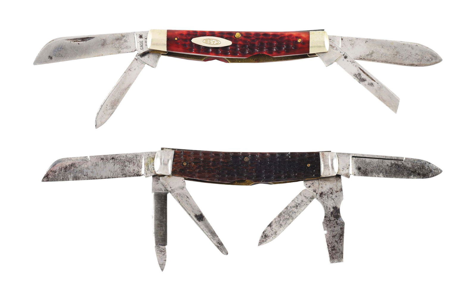 LOT OF 2: AMERICAN LARGE PATTERN CONGRESS KNIVES BY: (A) Case XX USA Circa 1964-1970 4 - 1/8" four blade congress pattern number 6488. Handled in red bone both scales are perfect with no cracks. All four blades have powerful snap in both open and closed