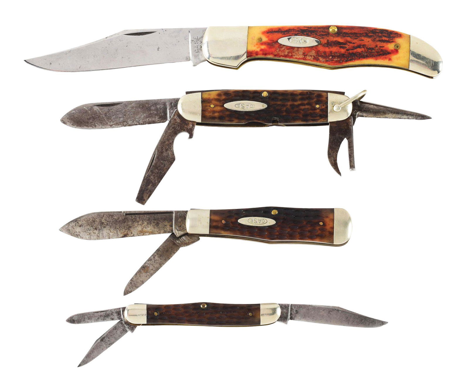 LOT OF 4: EARLY CASE FOLDERS CASE TESTED THROUGH CASE: (A) Case XX. 5 - 1/4" single blade hunter circa 1940 - 1964. Handled in red stag. Scales are perfect with no cracks. Blade is flat ground. Blade is solid with powerful snap in both open and closed dir