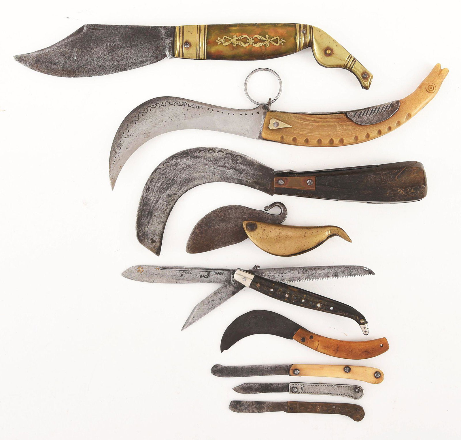LOT OF 9: FOREIGN EXOTIC CLASP KNIVES.: (A) BEAUVOIR & symbol on blade face. 5" single blade folder with fancy green cow horn handle with brass inlay and bolsters. Condition excellent. (B) Unusual sickle blade. 5" horn handled figural lock 
