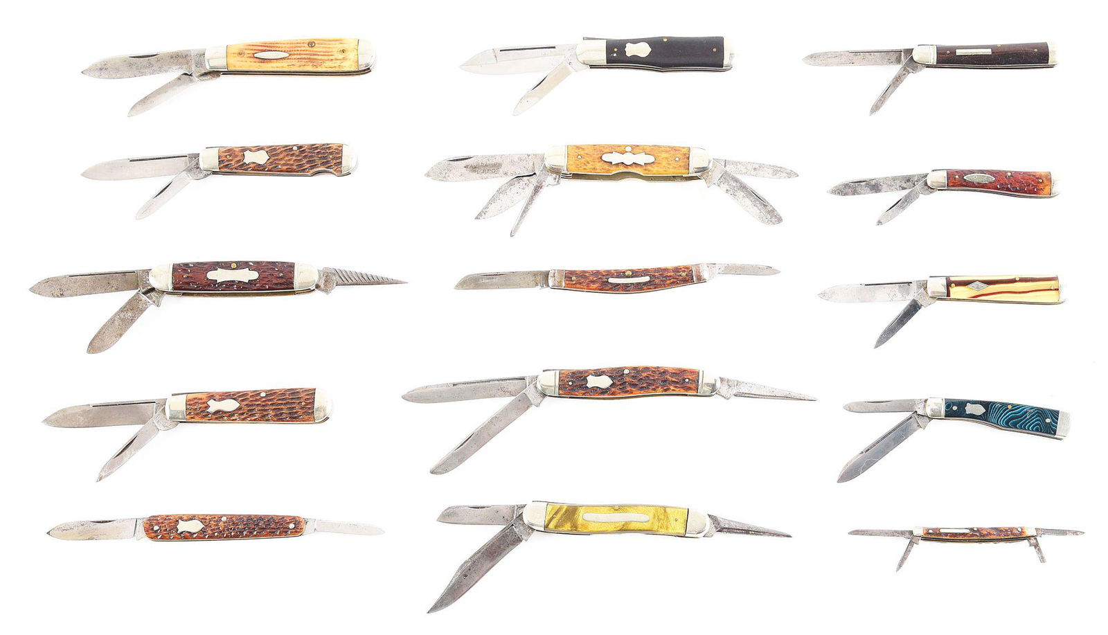 LOT OF 15: EARLY AMERICAN FOLDING KNIVES IN 2, 3, 4,: By makers DIAMOND EDGE, OVB HIBBARD SPENCER AND BARTLET, BOKER USA, ELECTRIC CUT CO, CLAUSS, BRIDGE CUT CO, ULSTER, and others. Highlights include; (N) HERDER PHILA. 3" two blade gun stock jack knife