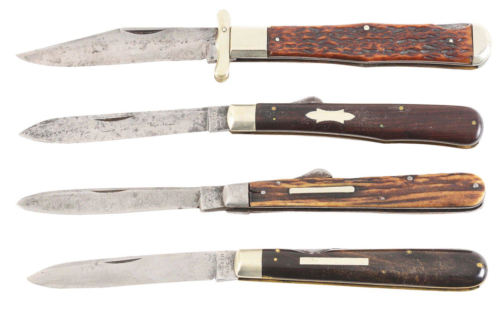 LOT OF 4: EARLY AMERICAN SINGLE BLADE LOCK BACK FOLDING: (A) Utica Cutlery Co. Utica N.Y. 4 - 5/8" single blade swing guard folding hunter with lock back feature circa 1920s. Handled in jigged bone, both scales are perfect. Blade is solid, lock is tight, ha