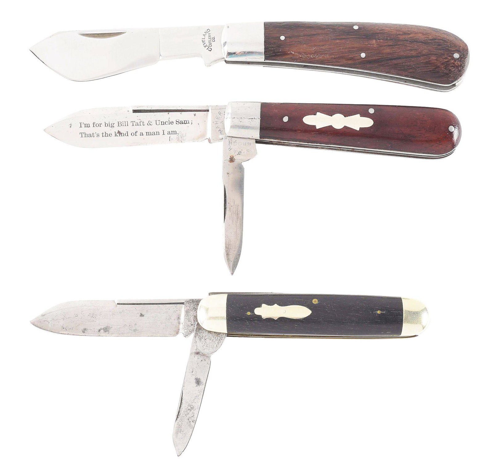 LOT OF 3: OUTSTANDING EARLY AMERICAN KNIVES BY C.P.: (A) Cleveland Cutlery Co. 4" single blade cotton sampler. Handled in walnut. Blade is solid with strong snap in both open and closed position with perfect half stop. Condition is mind. (B) Maher & Gro