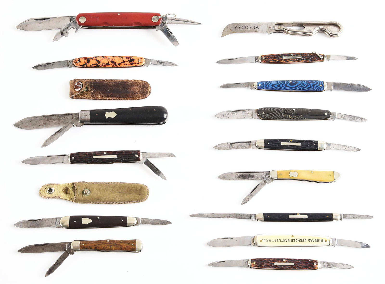LOT OF 15: EARLY AMERICAN 1-2-3-4 BLADE FOLDING KNIVES.: Highlights include: (C) CENTRAL CITY KNIFE CO. PHOENIX NY. 4" 2-blade standard jack handled in wood c. 1880-1892. Both scales are perfect, blades are solid with powerful snap in open and closed direct