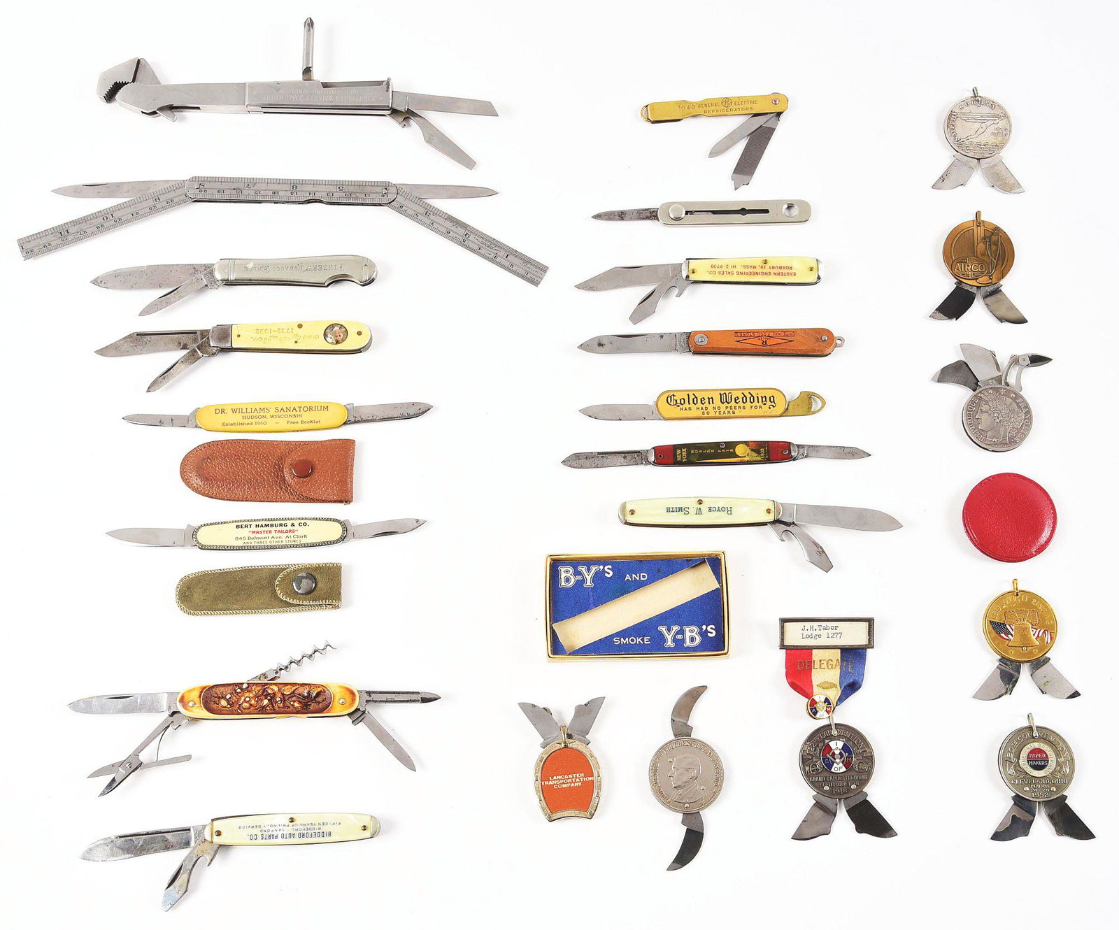 LOT OF 23: AMERICAN AND FOREIGN UNUSUAL ADVERTISING AND: Lot includes knives from makers such as: AS STAINLESS JAPAN, JOSEPH WESTBY SHEFFIELD, PASSAIC CUTLERY CO, SYRACUSE KNIFE CO SYRACUSE NY, PARISIAN NOV. CO. CHIC, CAMCO USA, JON WATTS SHEFFIELD, ROTAKNI