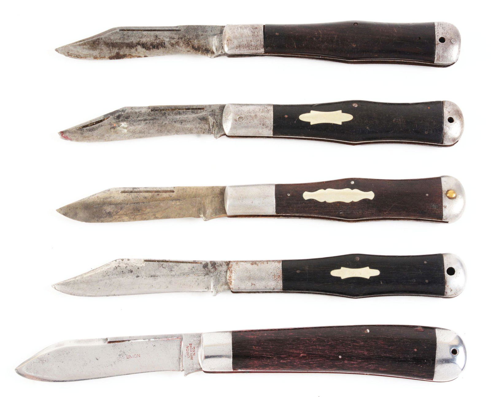 LOT OF 5: EARLY 20TH CENTURY ONE BLADE FOLDING HUNTERS: (A) HIBBARD SPENCER BARTLETT & CO. 5 - 1/2" single blade folding hunter with iron bolsters handled in walnut. CONDITION: Fair - Good. (B) MILLER SLOSS & SCOTT SAN FRANCISCO 5 - 1/8" single blade foldi