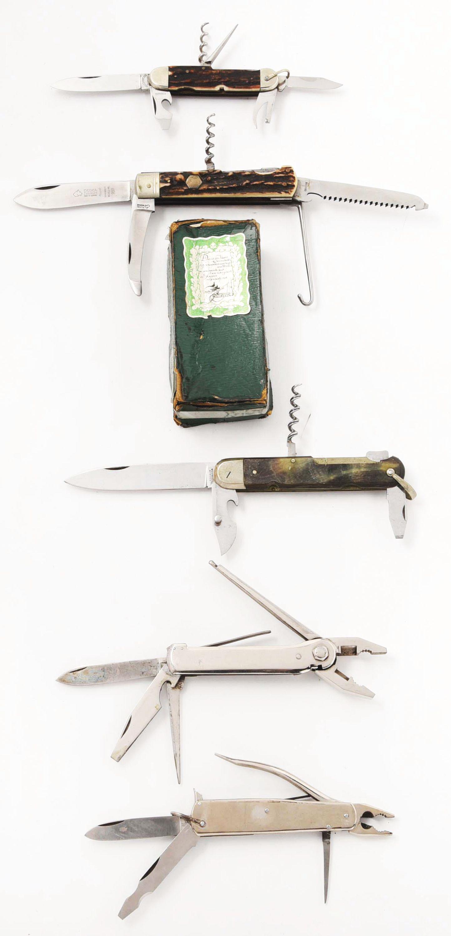 LOT OF 5: HIGH-END GERMAN AND FRENCH MULTIBLADE: Lot consists of: (A) VOSS CUT & CO. GERMANY 3-1/2" 6-blade sportsman with corkscrew handled in genuine stag. CONDITION: Mint. (B) PUMA SOLIGEN MADE IN GERMANY pattern number 959 4-1/4" 6-blade sportsm