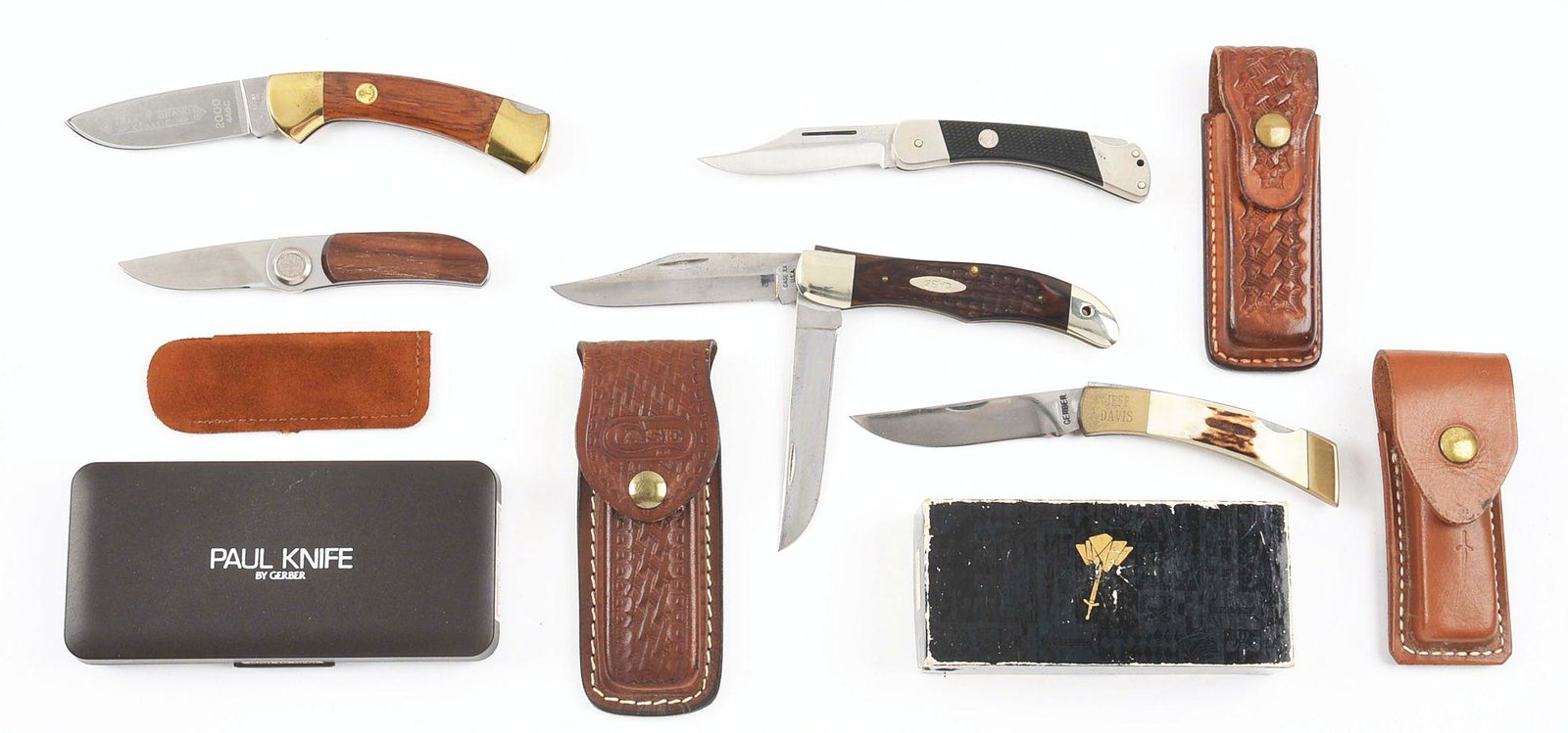 LOT OF 5: AMERICAN AND GERMAN CONTEMPORARY 1-2 BLADE: Lot consists of: (A) GERBER USA (PAUL KNIFE). 3-5/8" unusual 1-blade lock back, handled in walnut. CONDITION: Mint includes hard factory fitted box with leather pouch and factory papers. (B) GERBER 4-