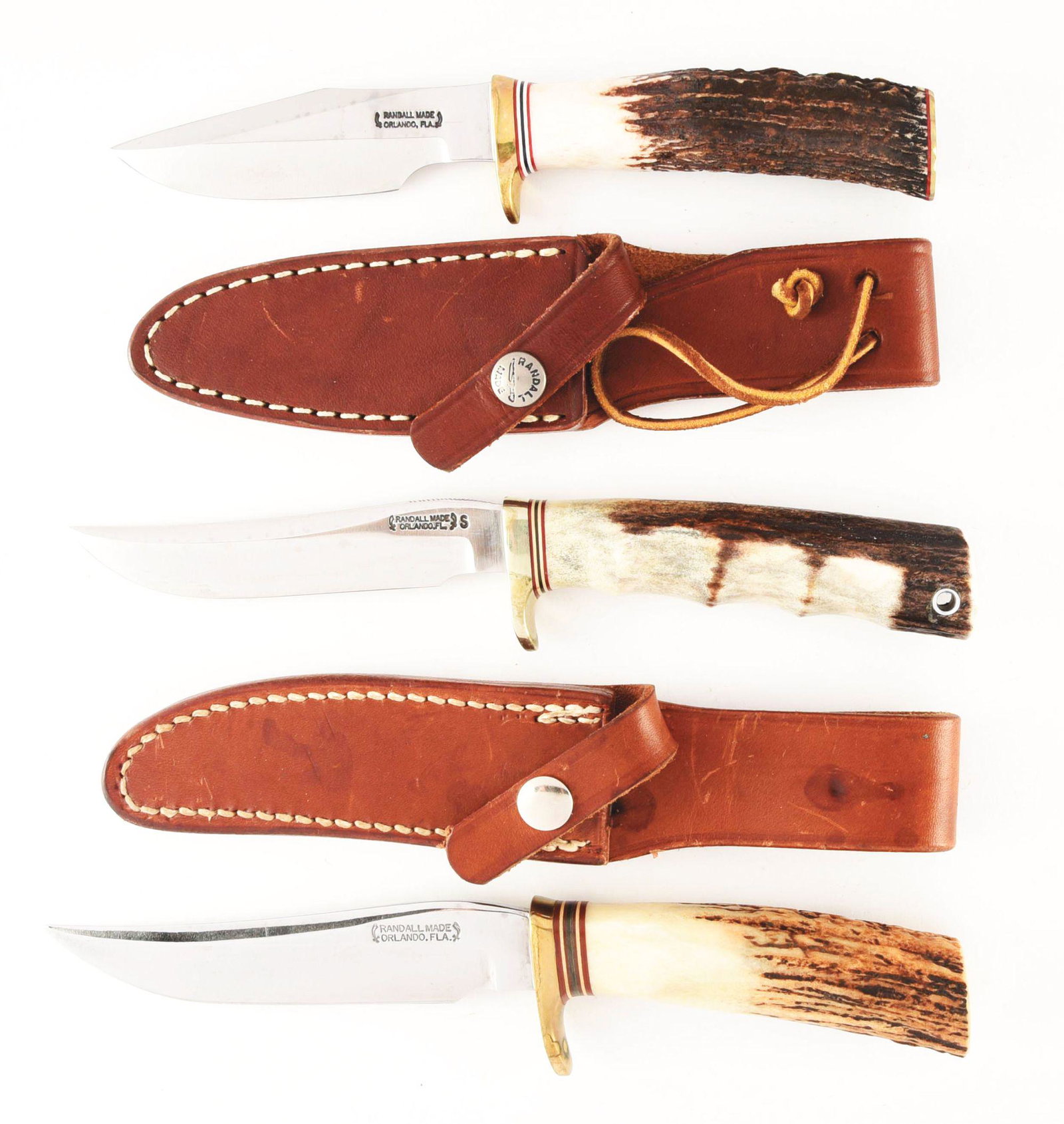 LOT OF 3: RANDALL KNIVES.: Randall Model 8 Trout & Bird with Brass guard Sambar stag handle with brass butt plate 4" carbon steel blade and comes in Randall scabbard marked for model 5 but fits well. CONDITION: Very good with v