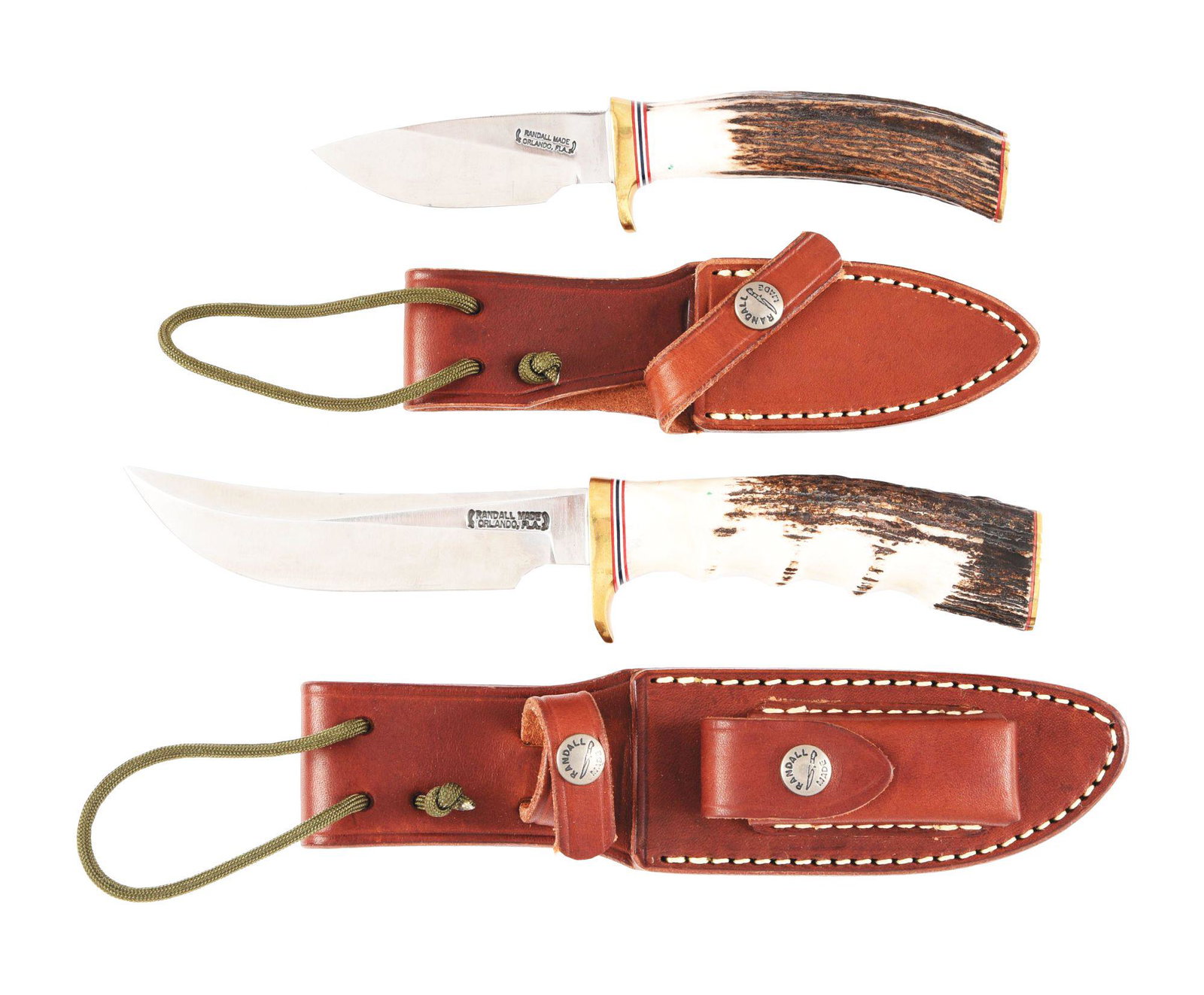 LOT OF 2: RANDALL KNIVES.: (A) Randall Model 11-3 Skinner with 3" carbon blade, brass guard and sambar stag handle with brass butt plate. CONDITION: Very fine with evidence of carry use on scabbard with original edge. (B) Randa